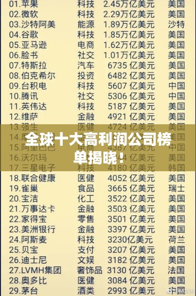 全球十大高利潤公司榜單揭曉！